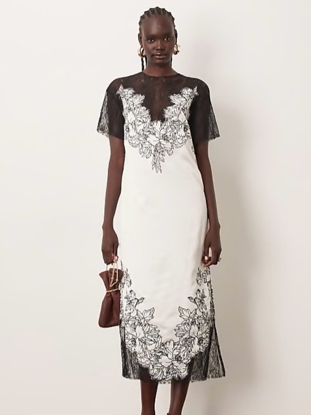 ASOS  ARRANGE satin lace applique embroidered column midi dress in ivory